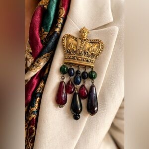 Vintage Crown Statement Brooch With Dangle Glass Beads | Regal Figural Pin
